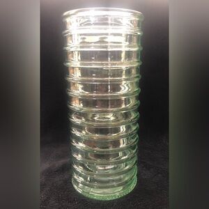 Large Ribbed Cylinder Green Glass Vase 10” High
